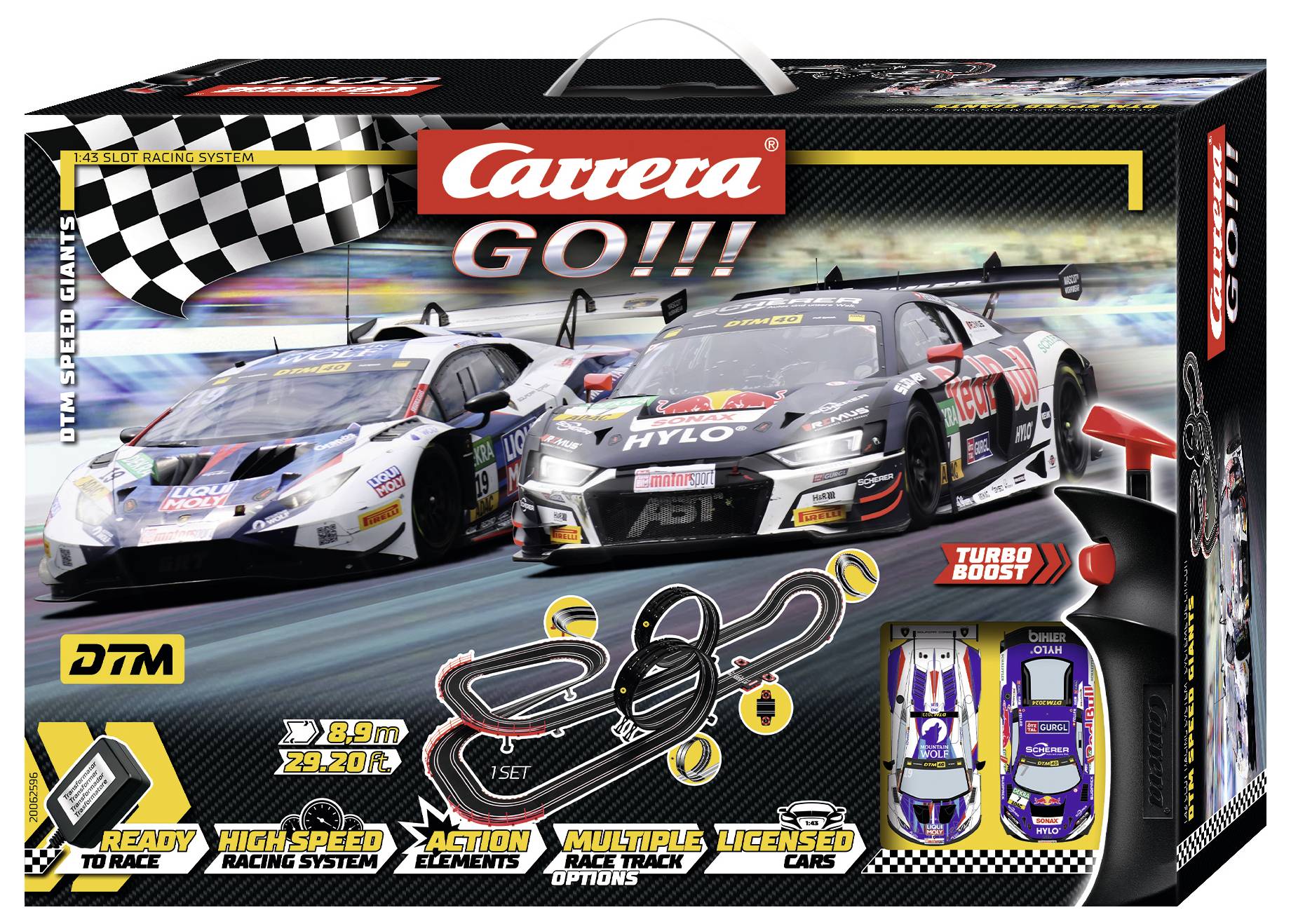 Carrera GO!!! DTM Rennbahnset-Verpackung mit zwei Modellfahrzeugen auf einer Hochgeschwindigkeits-Rennstrecke, wobei Streckenlayout und Funktionen dargestellt sind.