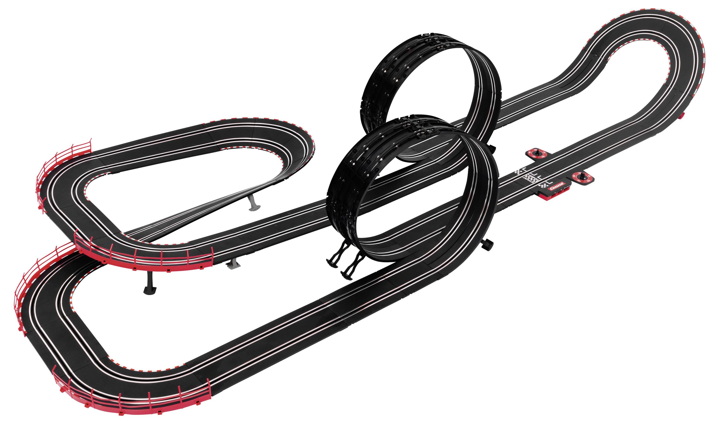 Eine schwarze Spielzeug-Rennstrecke mit roten Geländern weist mehrere Schleifen und Kurven auf, die für kleine Slotcars entwickelt wurde.