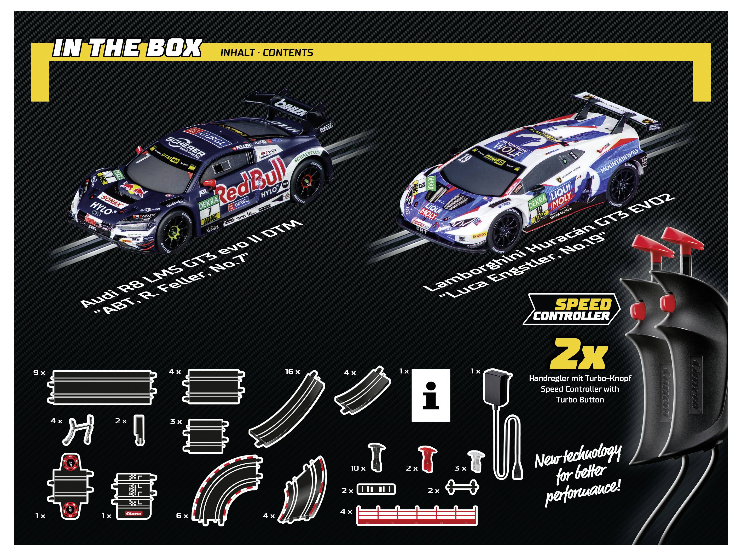Im Lieferumfang befinden sich zwei Rennwagen: ein Audi R8 LMS GT3 und ein Lamborghini Huracan GT3 in Rennlackierungen, zusammen mit Rennstreckenelementen und zwei Controllern.