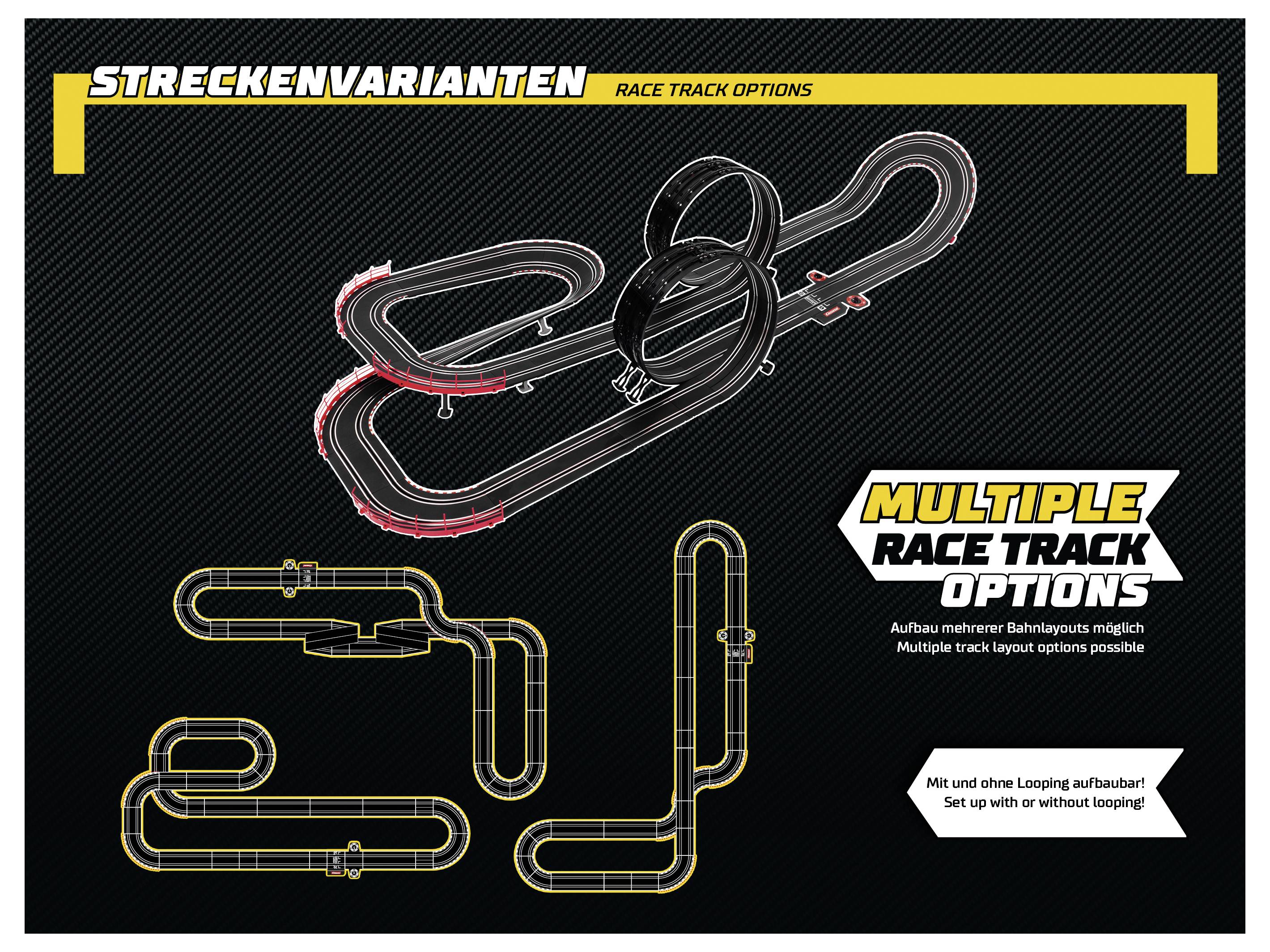 'Rennstrecken-Optionen' zeigt zwei Schleifenkonfigurationen für Modellautos, mit der Bezeichnung 'Streckenvarianten'. Enthält Aufbau mit doppelter Schleife oder ohne Schleife.