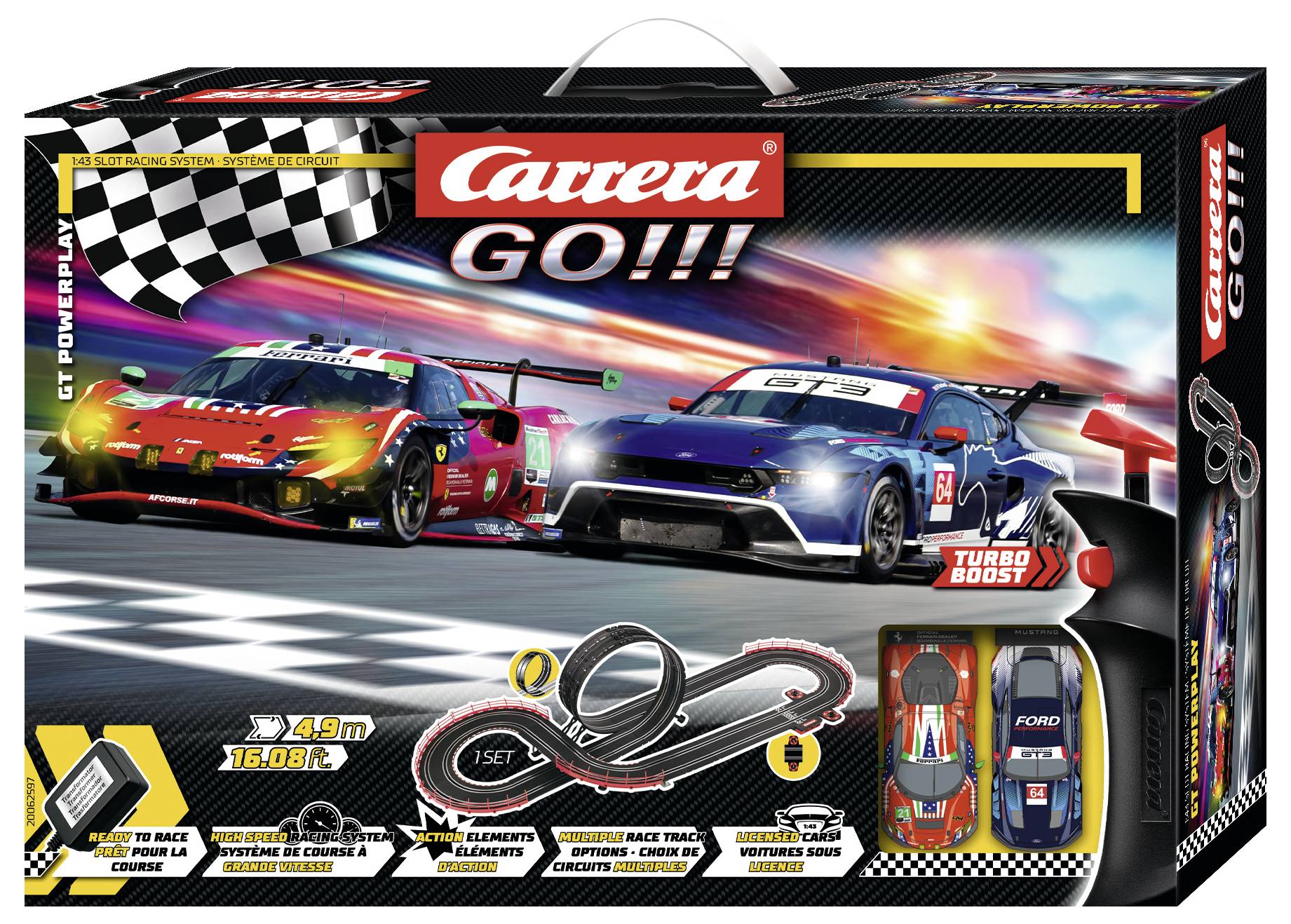 'Carrera GO!!!' Autorennbahn-Set mit einer lebhaften Rennszene und Streckenaufbau auf der Verpackung. Beinhaltet zwei Autos und Streckenkomponenten zum Aufbau.