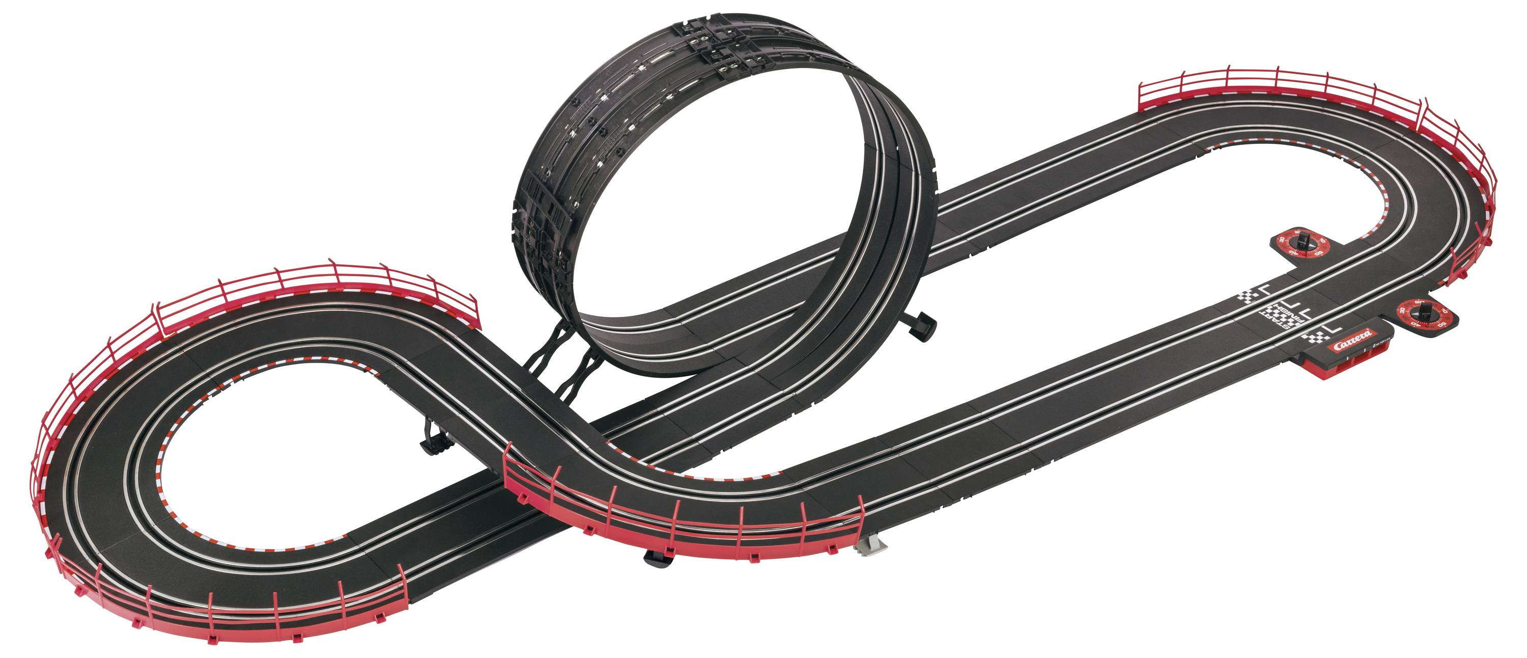 Eine Spielzeug-Rennstrecke mit einer Looping-Sektion, zwei Autos an der Startlinie und roten Schutzplanken entlang der Kanten für die Sicherheit.