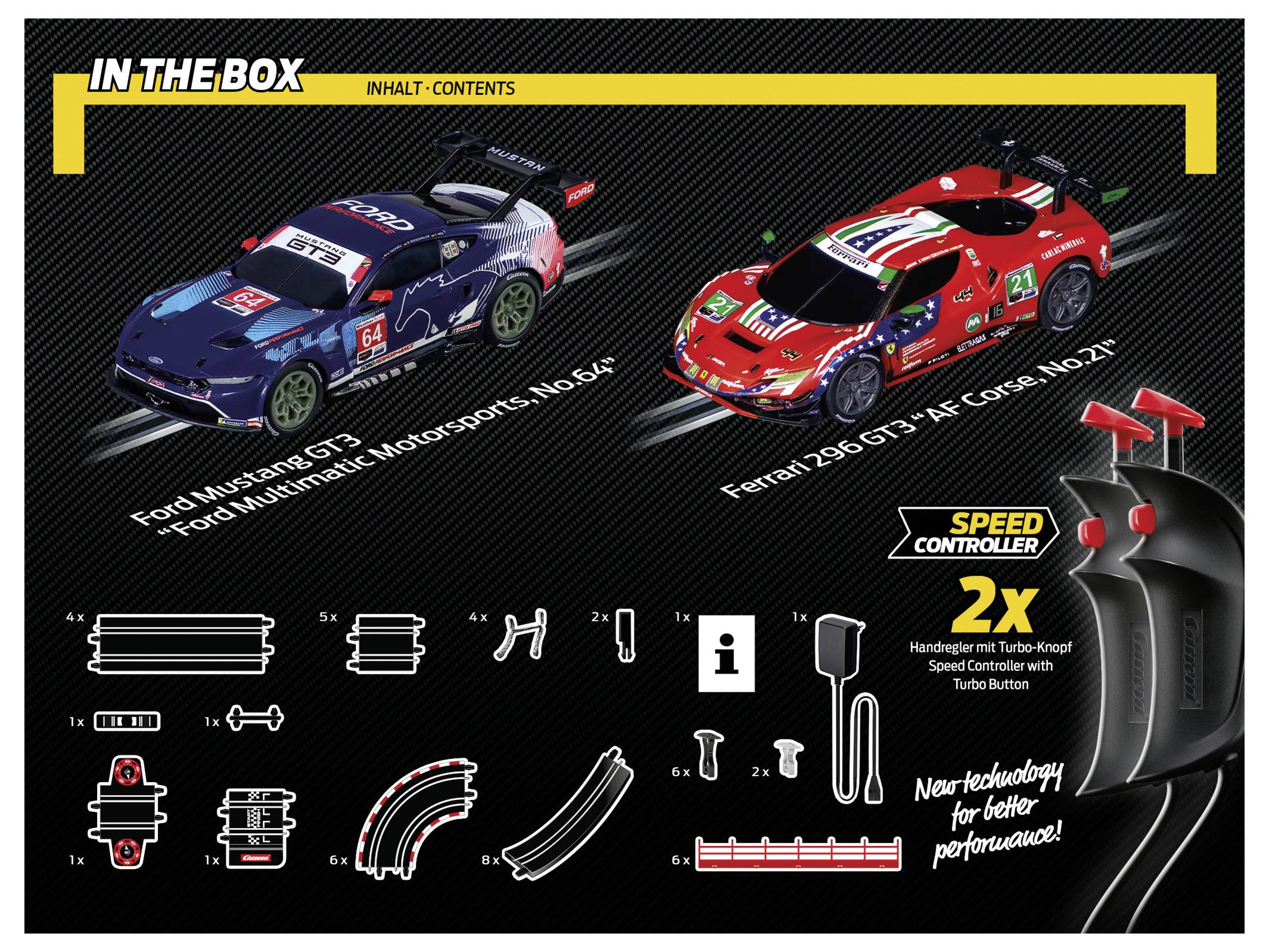 'Im Lieferumfang': Zwei Modellautos, Ford Mustang GT3 'Nr. 64' und Ferrari 296 GT3 'Nr. 22'. Inklusive Rennstreckenzubehör und Geschwindigkeitsregler.