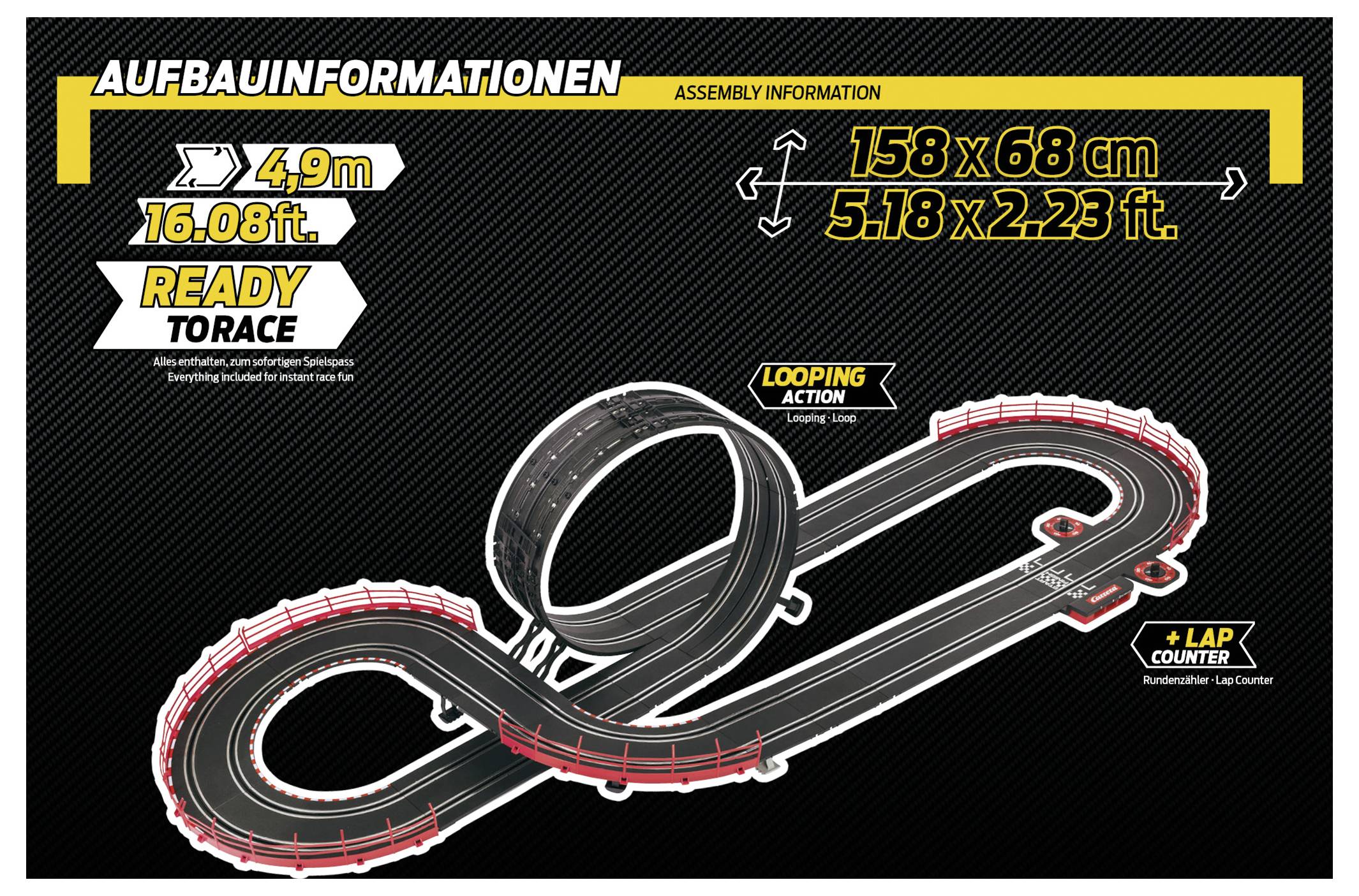 'Montage-Informationen': Rennstreckendiagramm mit Abmessungen von 158 x 68 cm (5,18 x 2,23 ft) und Rundenstreckenvorgang. Text: 'Rennfertig', 'Rundenanzeigetafel'.