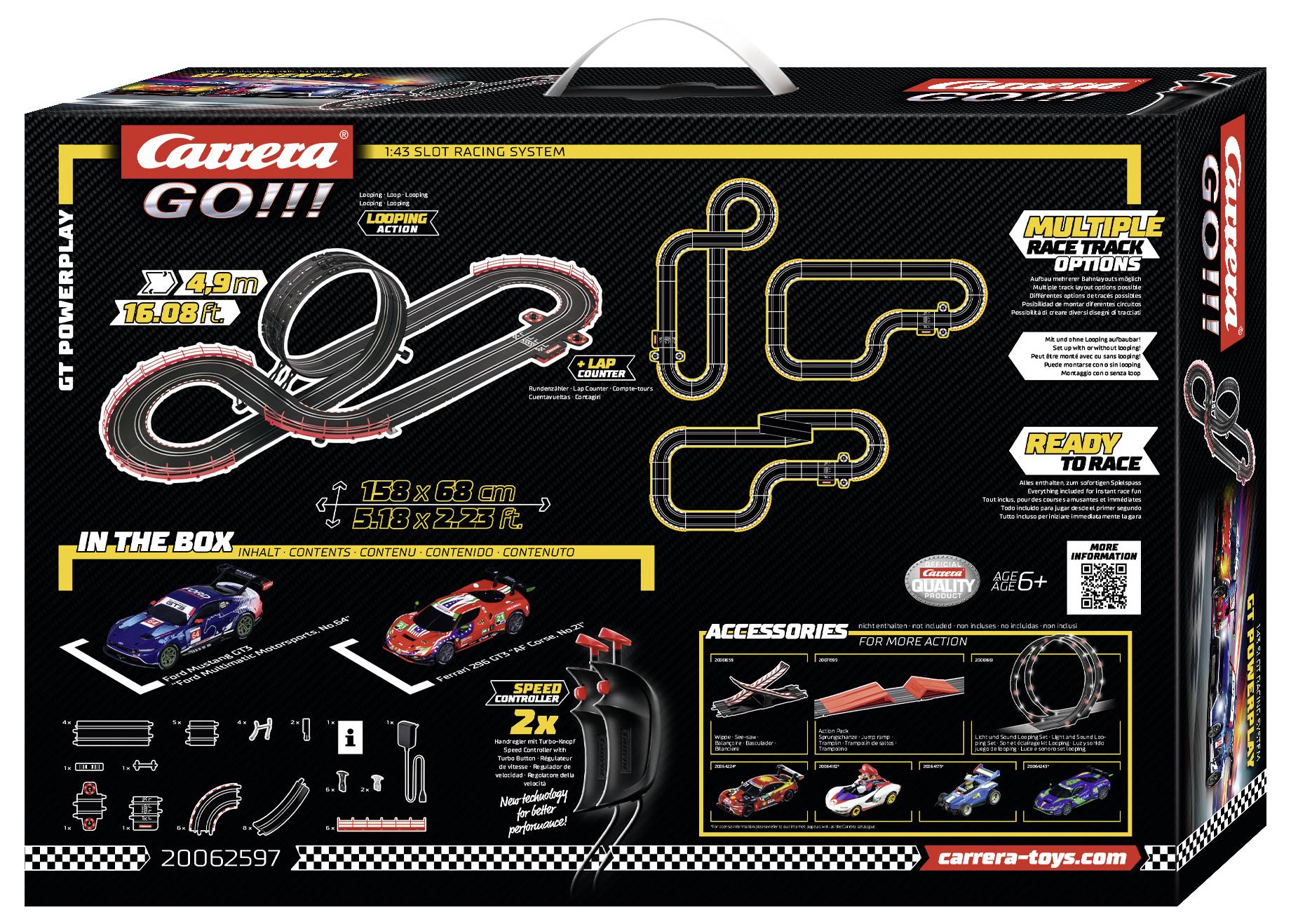 'Carrera GO!!!' Autorennbahn-Set mit 4,9m Streckenlänge und verschiedenen Layoutoptionen. Enthält 2 Autos, Controller und Zubehör. Geeignet für Kinder ab 6 Jahren.