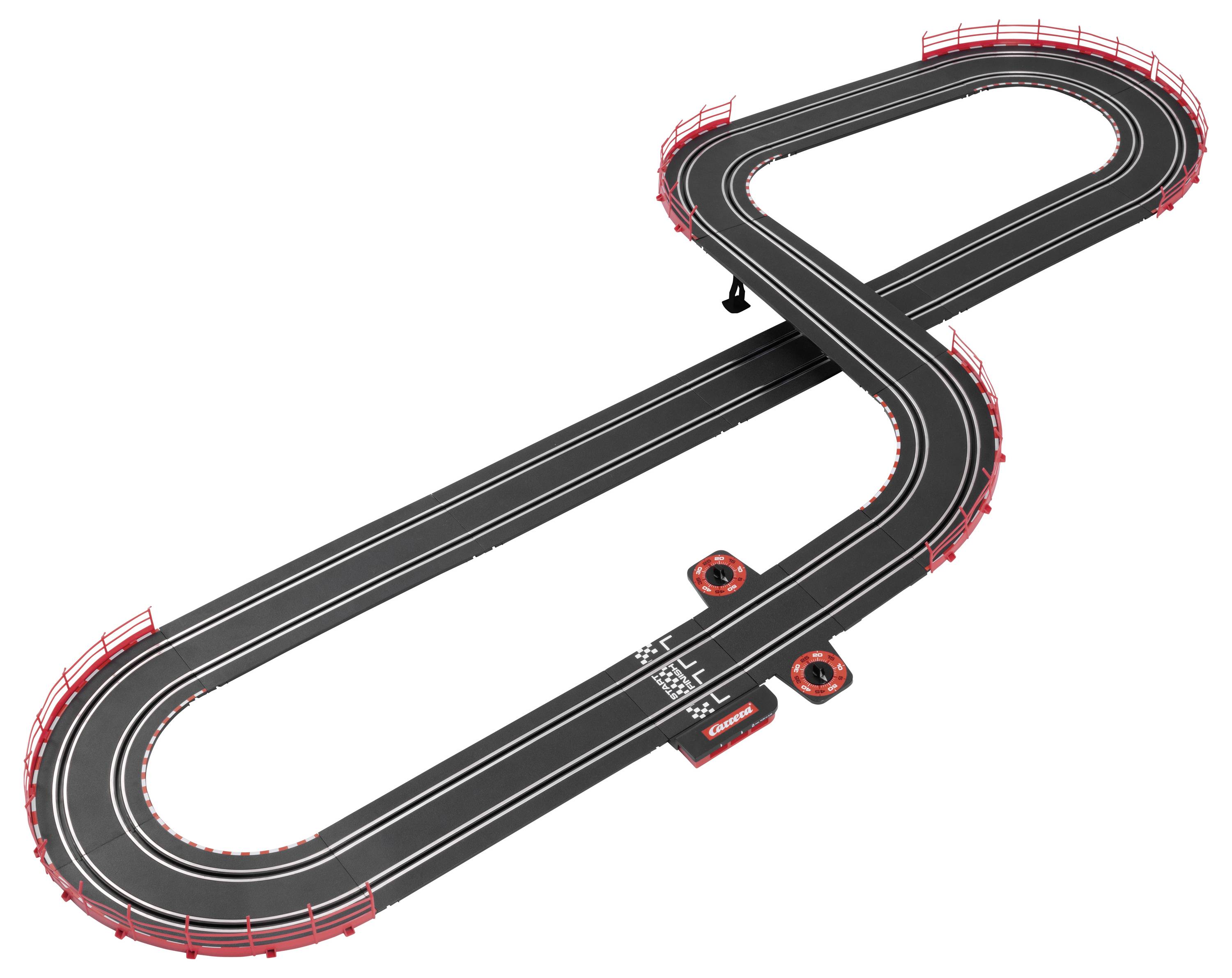 Eine Spielzeug-Rennstrecke mit einer Achter-Design und roten Sicherheitsschienen, die zwei Bahnen mit weißen Linien markiert, bereit zum Rennen von Autos.