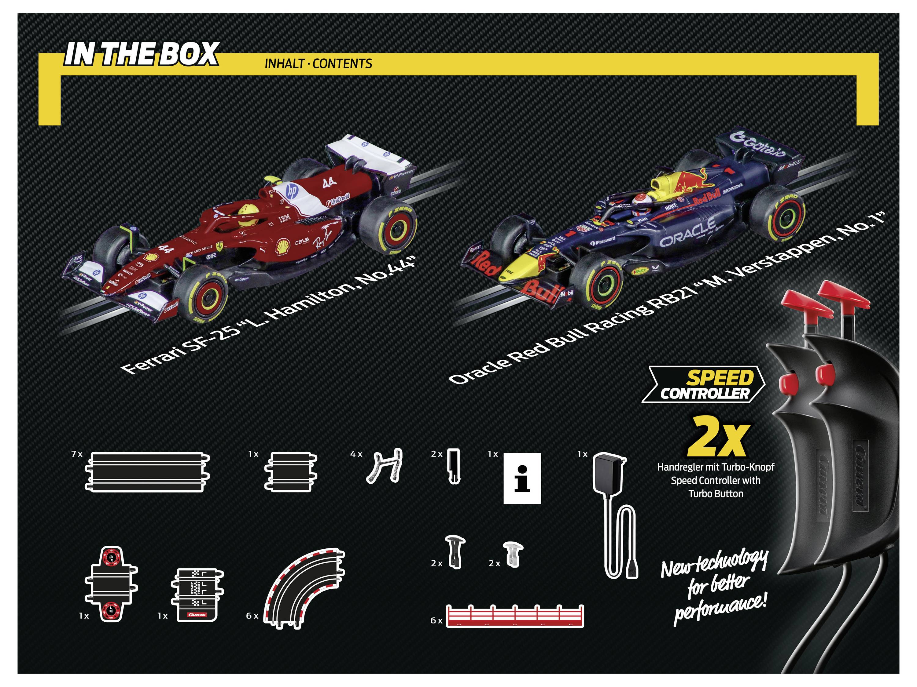 'In the Box' Bild zeigt zwei Spielzeug-Automodelle: Ferrari SF-23 und Oracle Red Bull Racing RB21. Enthält 2x Geschwindigkeitsregler und Rennbahnkomponenten.
