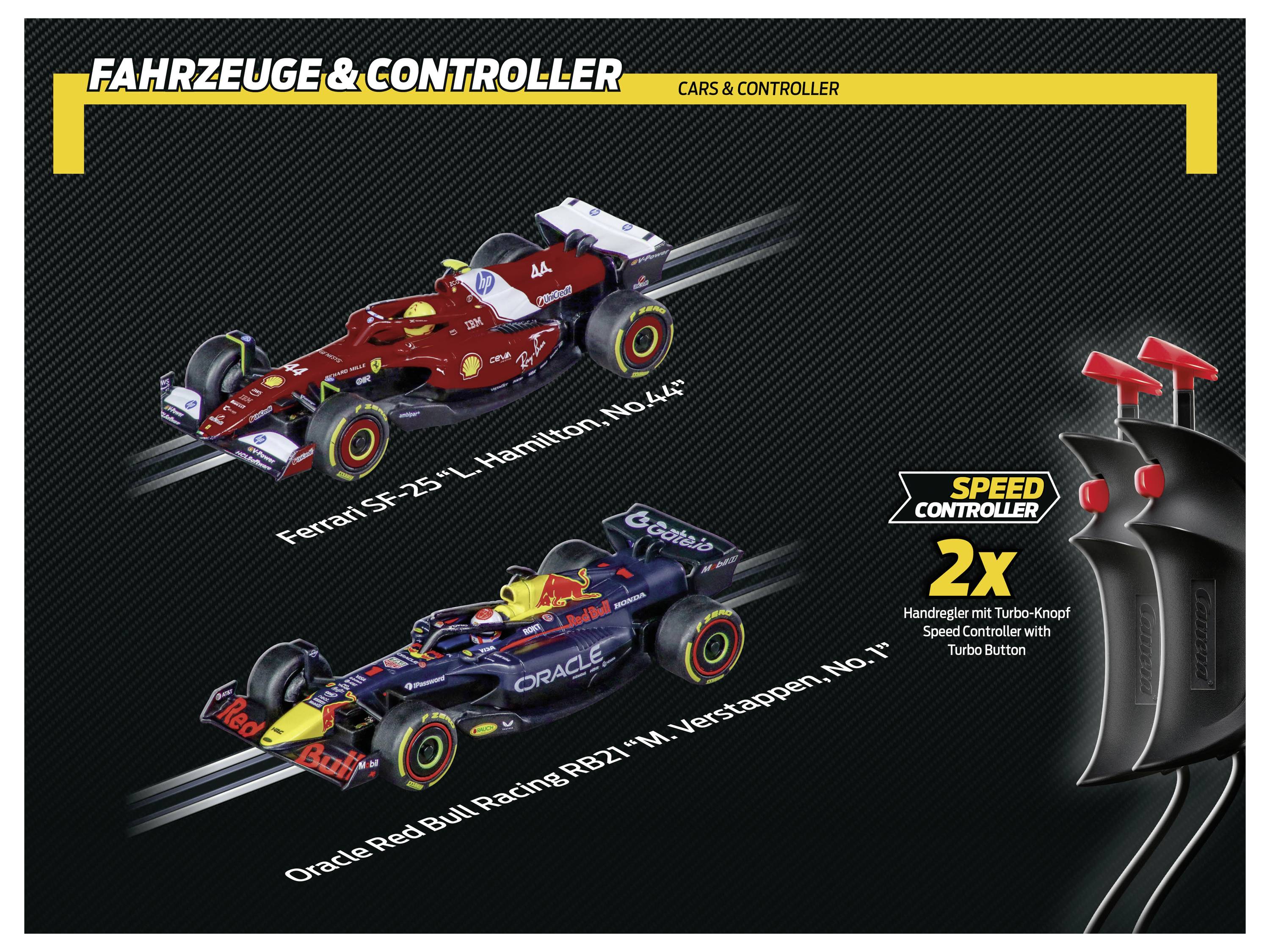 Fahrzeuge & Controller: Ferrari SF-21 und Oracle Red Bull Racing RB21 Modelle. Geschwindigkeitsregler mit Turbo-Taste, 2x Handregler.