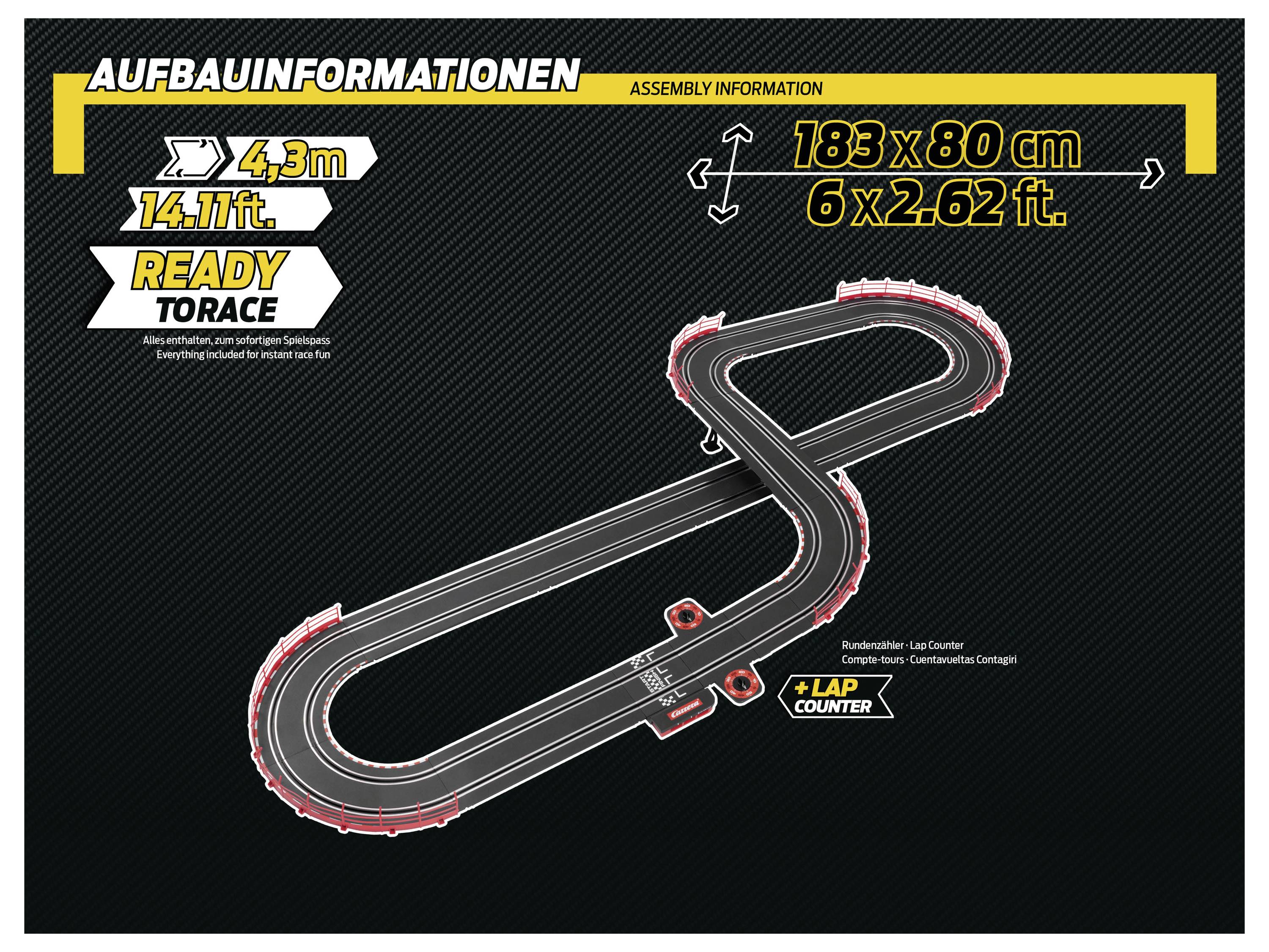 Montage-Informationen: 4,3 m, 14,11 ft Strecke, rennbereit. Streckendimensionen: 183 x 80 cm, 6 x 2,62 ft.