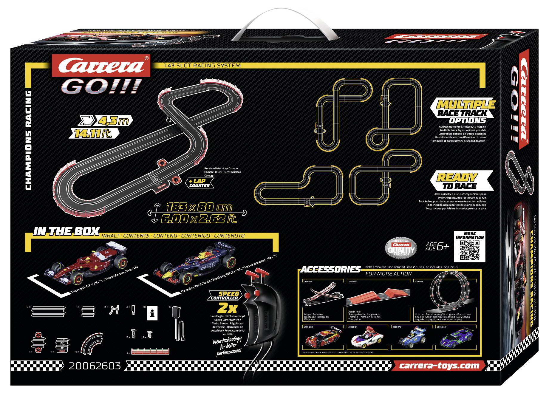 'Carrera GO!!! Champions Racing' Set umfasst eine flexible 4,3m Rennstrecke, zwei Rennwagen, Fernbedienungen und Zubehör für vielfältige Streckenlayouts.