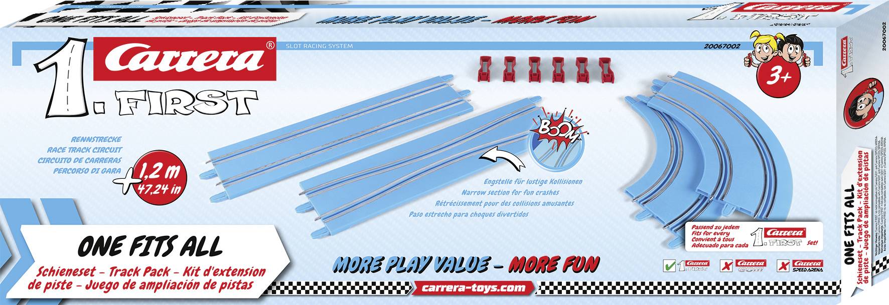'Carrera First' Rennstrecken-Set für Spielzeug, geeignet für Kinder ab 3 Jahren, enthält 1,2m blaue Rennstrecke, Kurven- und Geradeausstücke sowie Verbinder.