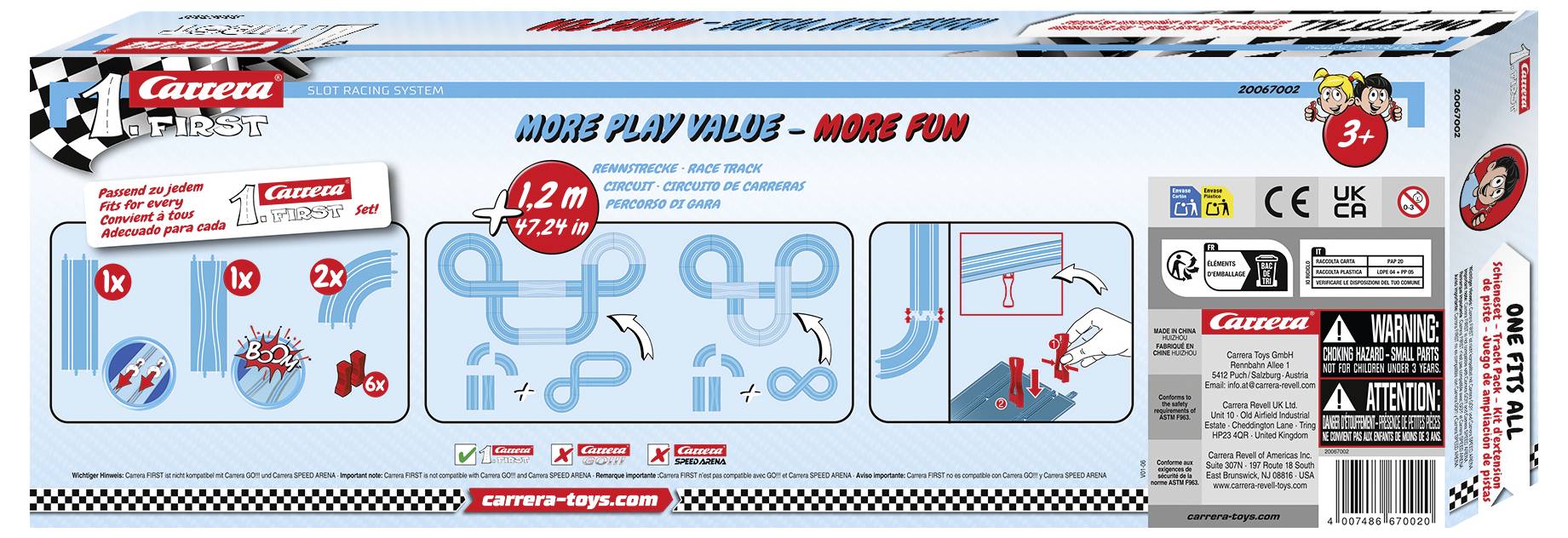 Karton mit Carrera First Slotcar-Rennset mit Illustrationen von Streckenlayouts und Konfigurationsmöglichkeiten, geeignet für Kinder ab 3 Jahren.