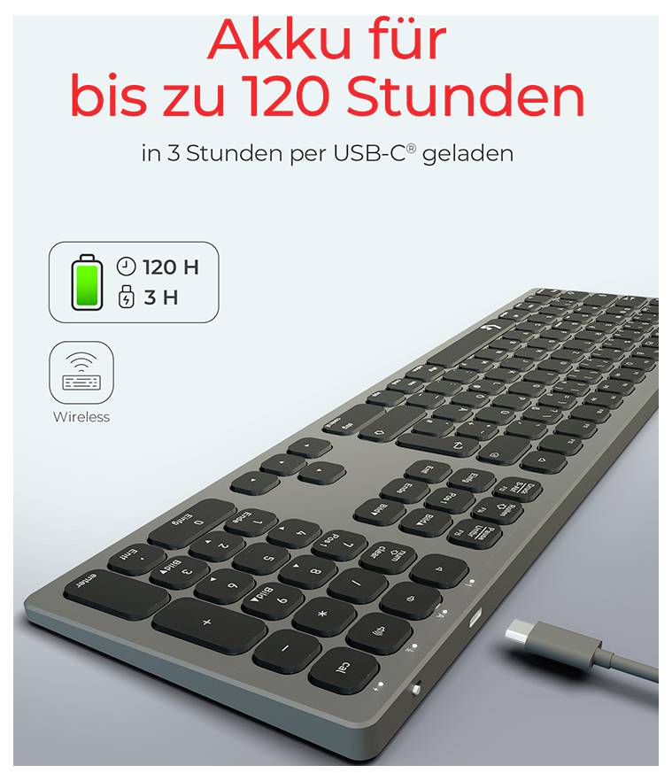 Keysonic KSK-8023BTRF (DE) Kabellos, Bluetooth® Tastatur Deutsch, QWERTZ Anthrazit, Schwarz Wiederaufladbar