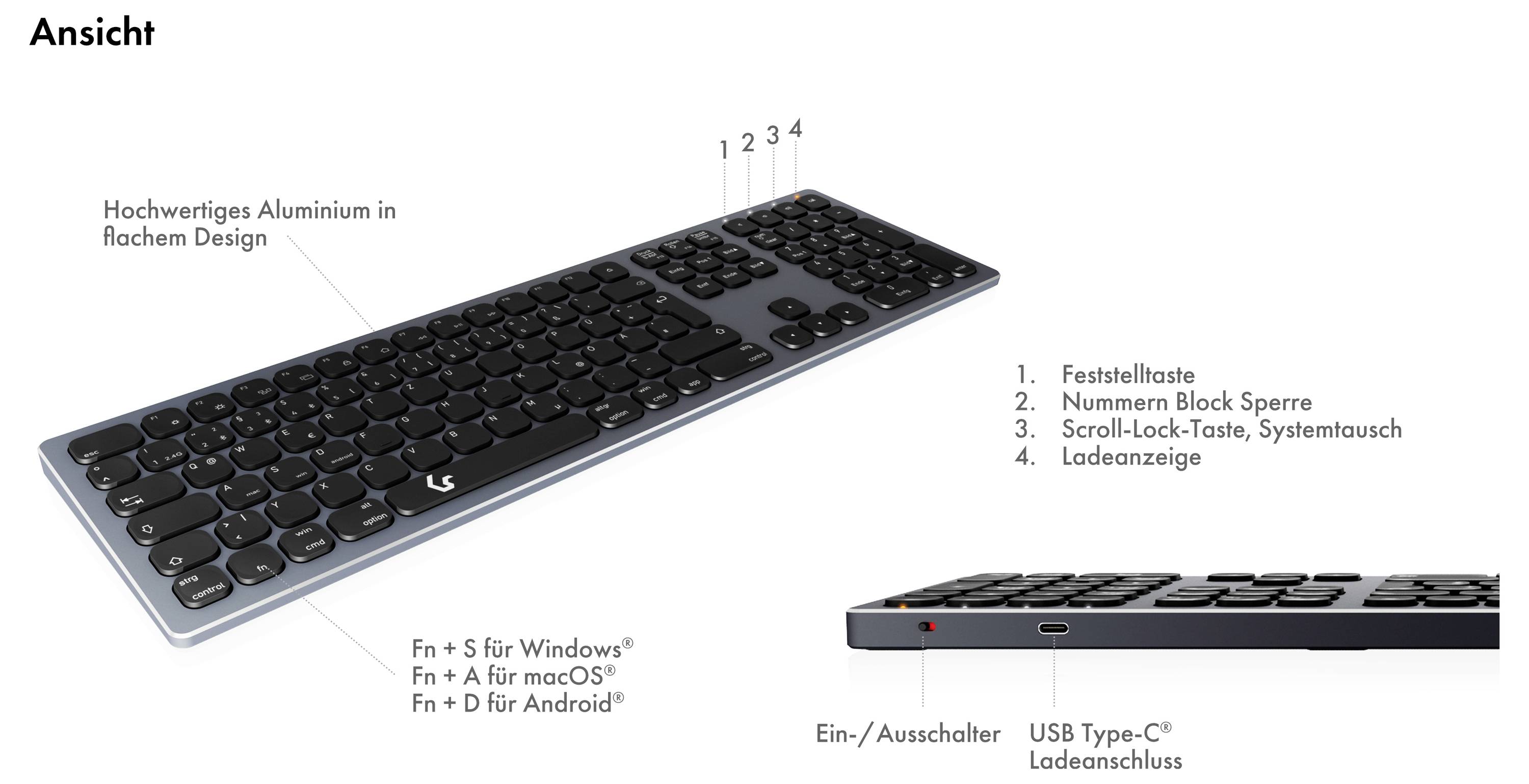 Keysonic KSK-8023BTRF (DE) Kabellos, Bluetooth® Tastatur Deutsch, QWERTZ Anthrazit, Schwarz Wiederaufladbar
