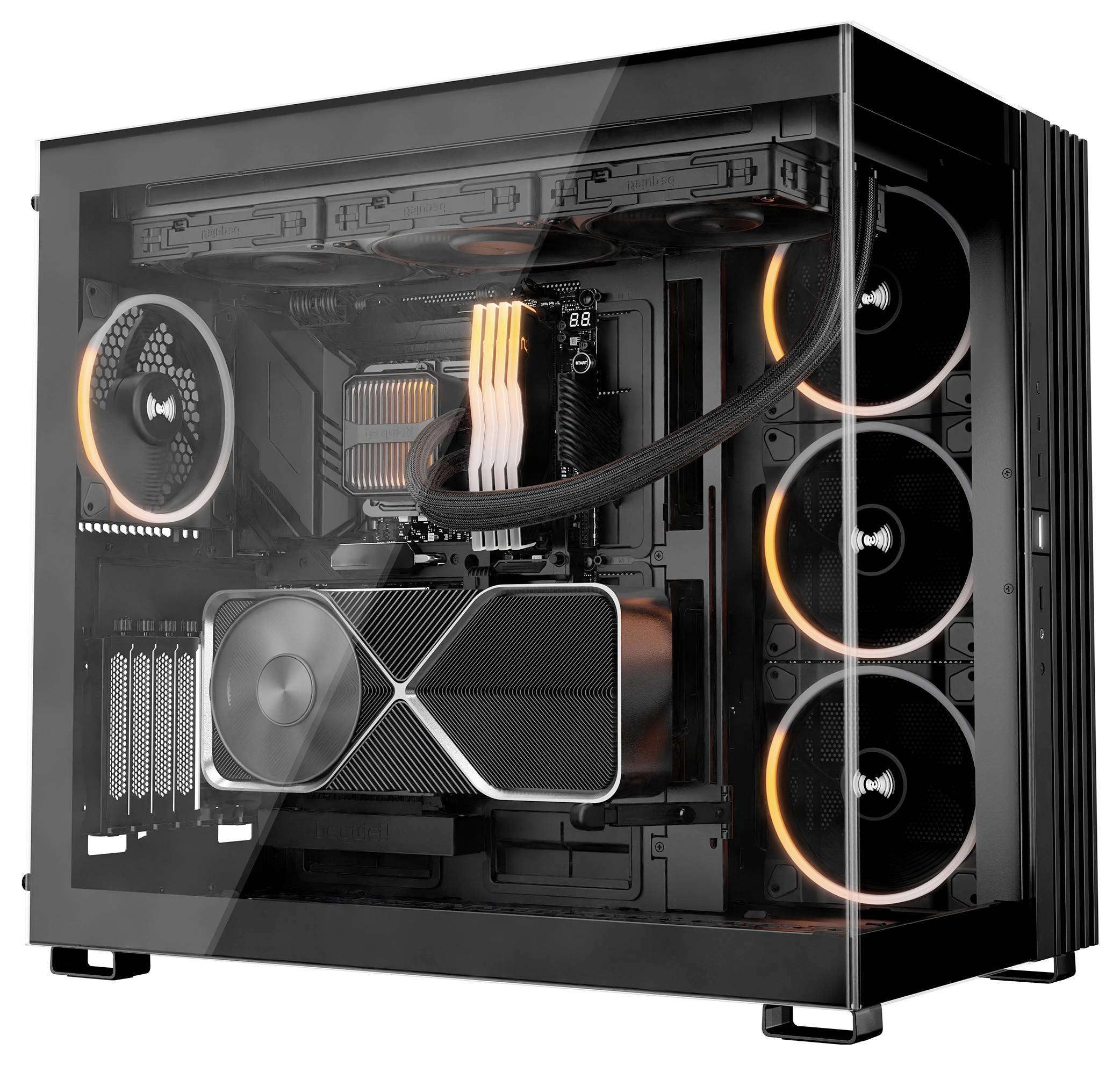 Ein transparenter Computergehäuse, der Innenkomponenten zeigt, einschließlich mehrerer Kühlventilatoren, einer Grafikkarte und eines Kabelmanagements.