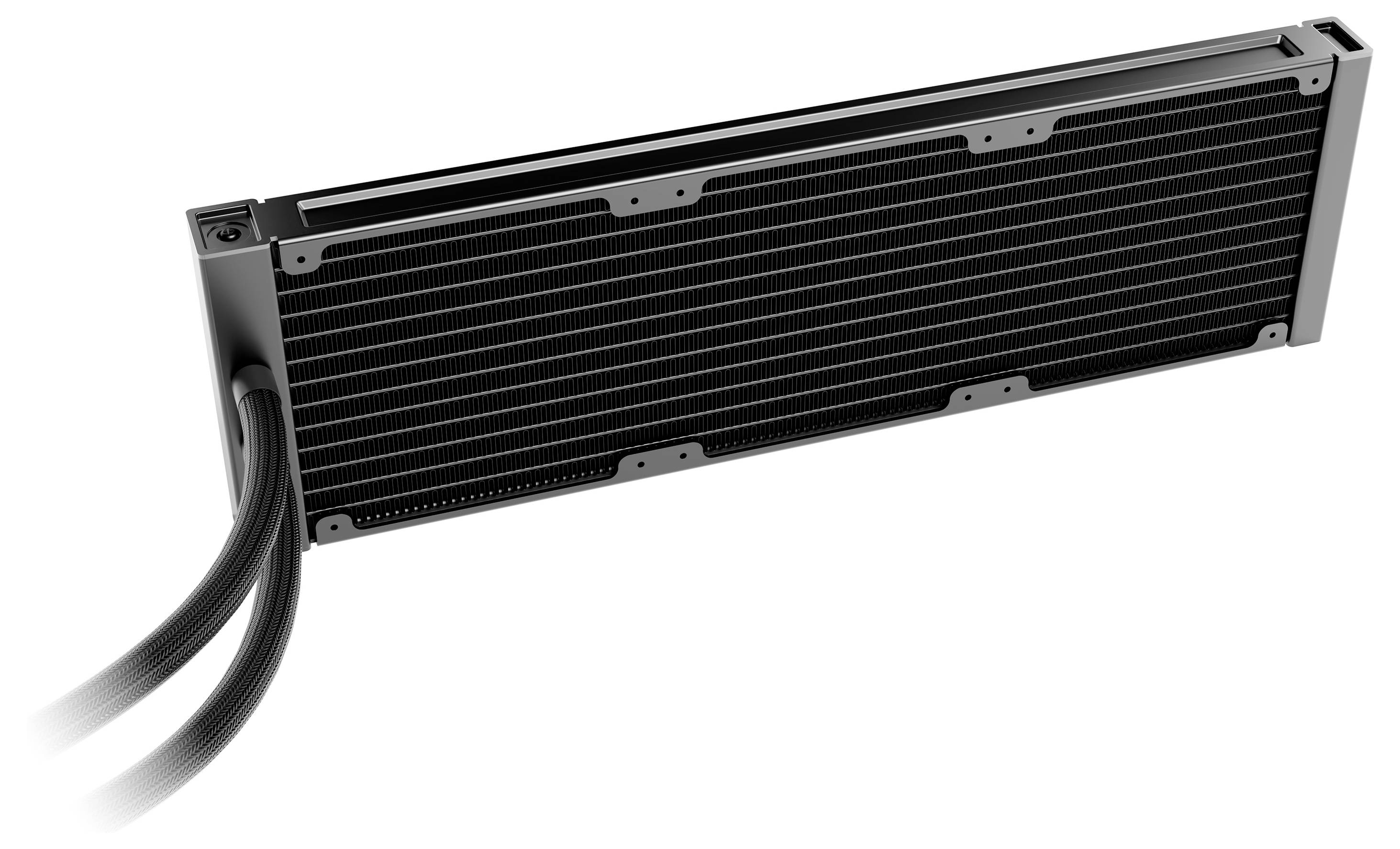 Ein schlanker schwarzer Computer-Flüssigkühlungskühler mit angeschlossenen Schläuchen, entwickelt für eine effiziente Wärmeableitung von PC-Komponenten.