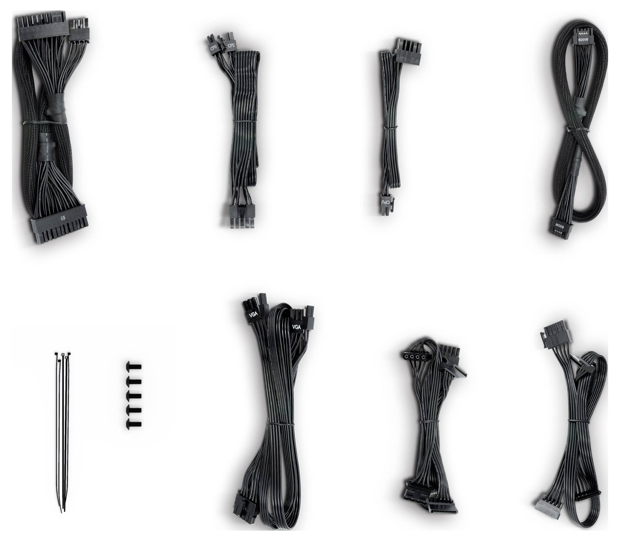 Eine Vielfalt von schwarzen Computerkabeln und Befestigungen, einschließlich Strom- und Datensteckern, auf einer flachen Oberfläche angeordnet.