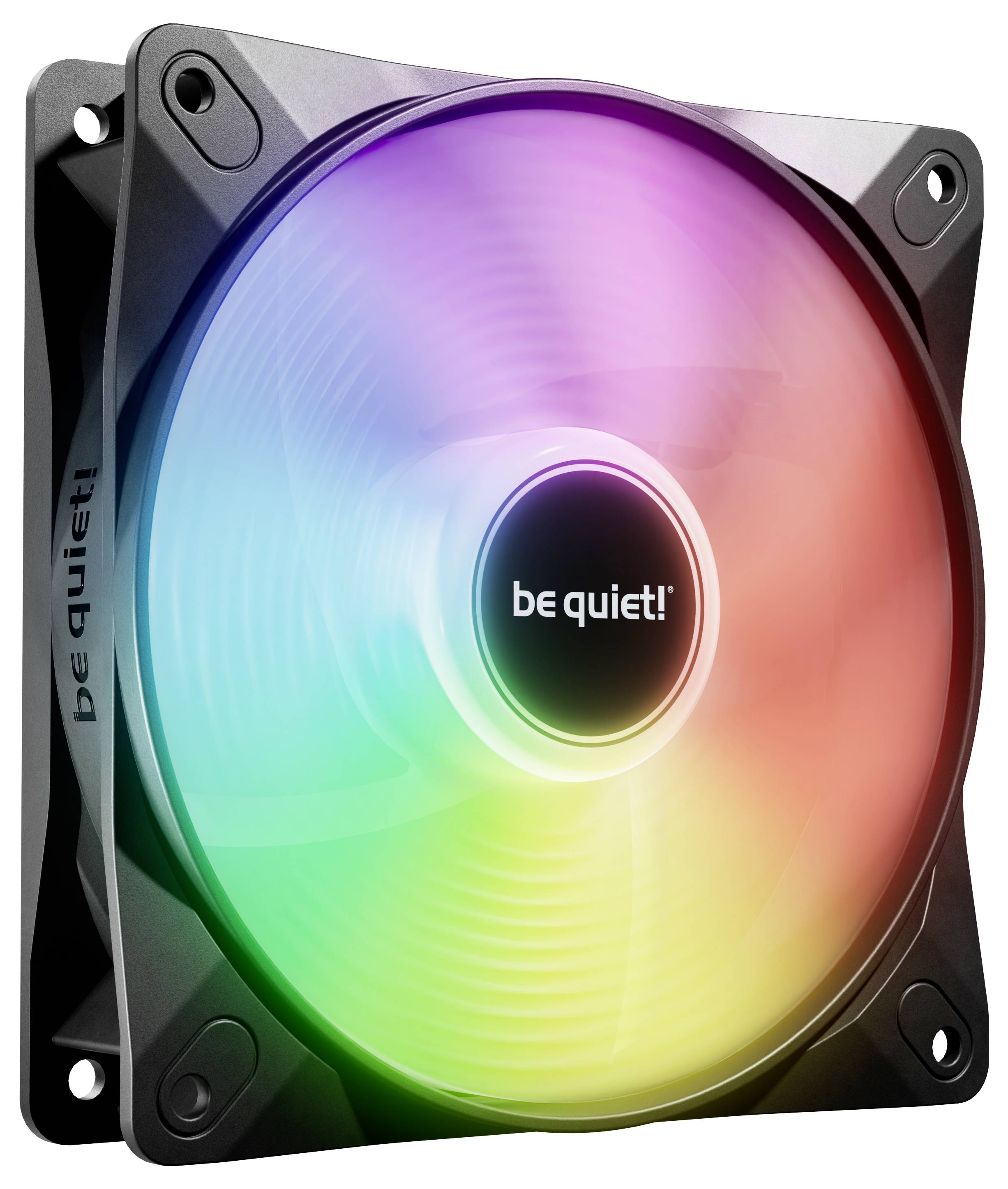 Ein Computerkühllüfter mit beleuchtetem, farbenfrohemm RGB-Design, das ein Farbspektrum darstellt. Der Markenname 'be quiet!' ist sichtbar.