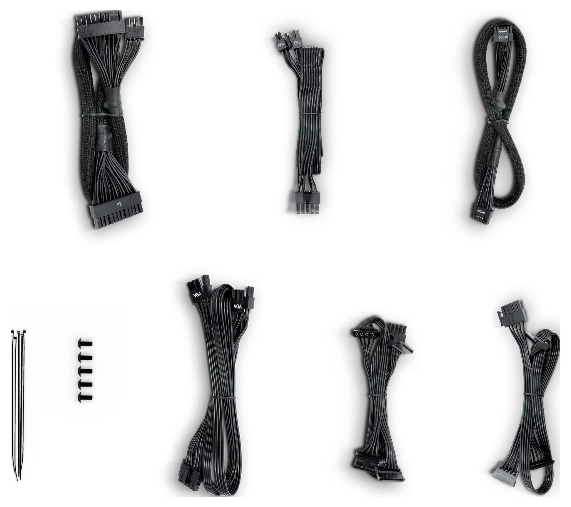 Eine Sammlung schwarzer Computerkabel und Zubehör, einschließlich Kabelbindern und Schrauben, ordentlich auf einem hellen Hintergrund organisiert.