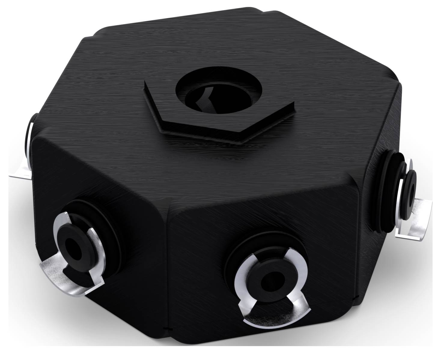 Eine sechseckige schwarze Kunststoffkomponente mit einem zentralen Loch und drei Metallclips an den Seiten, wahrscheinlich zum Montieren oder Befestigen verwendet.