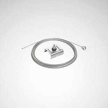 Eine Kabelschleife mit metallischem Zubehörteil, wahrscheinlich zum Sichern oder Aufhängen von Objekten verwendet. Das Set beinhaltet ein aufgerolltes Kabel und eine Metallfassung.