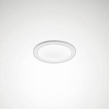 Eine kreisförmige weiße Deckenleuchte vor einem schlichten Hintergrund.