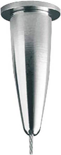 Eine metallische Hängeleuchte mit einer Kegelform, wahrscheinlich zum Aufhängen von Objekten wie Beleuchtungselementen oder Kunstwerken von einer Decke verwendet.