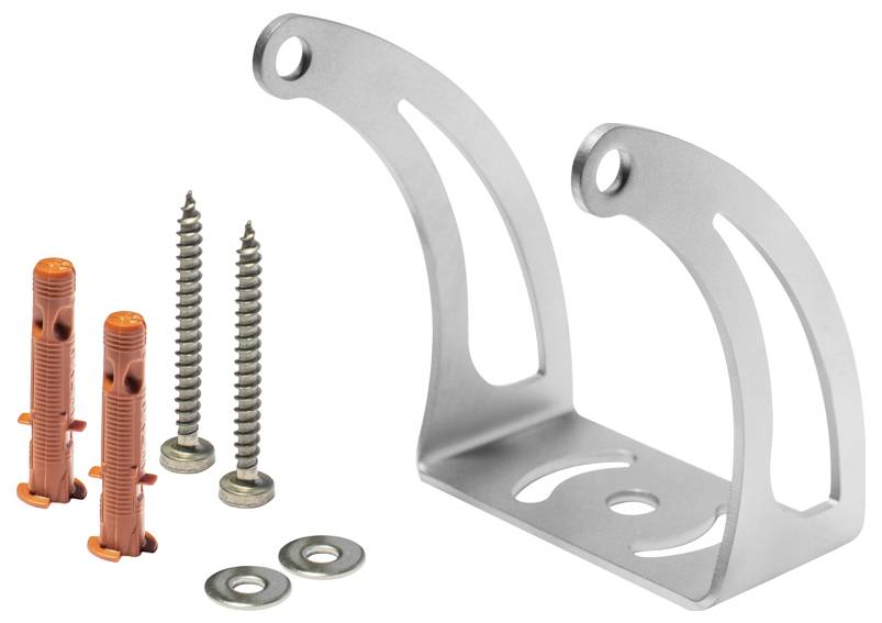 Silberhalter mit zwei Löchern, begleitet von zwei Schrauben, Dübeln und Unterlegscheiben.