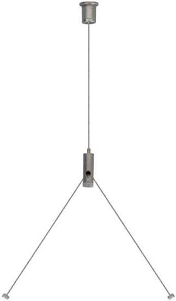 Minimalistische Deckenleuchte mit einem zylindrischen Metallschirm, aufgehängt an einem dünnen Draht und gestützt durch drei abgewinkelte Stangen.