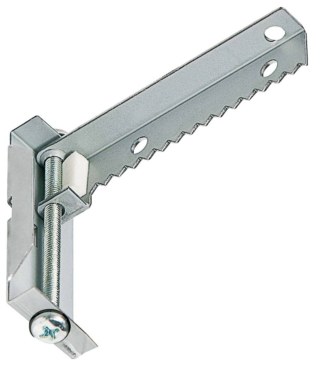 Metallklammer mit gezahntem Rand, mehrere Löcher zur einstellbaren Befestigung und eine Schraube zum Sichern oder Anziehen.