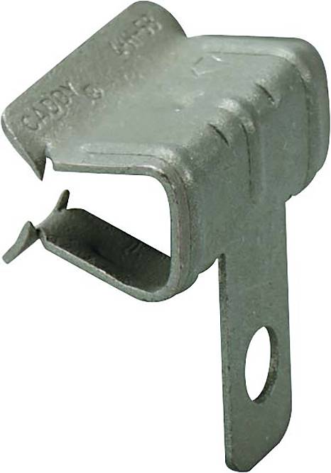 Ein metallischer Clip mit einer rechteckigen Öffnung und einer hervorstehenden Lasche mit einem Loch, der zum Befestigen von Objekten verwendet wird.