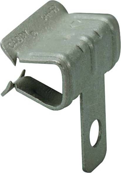 Ein Metallclip mit schrägem Design, mit einem Loch an einem Ende und gezackten Kanten auf der Öffnungsseite, verwendet zum Sichern oder Montieren.