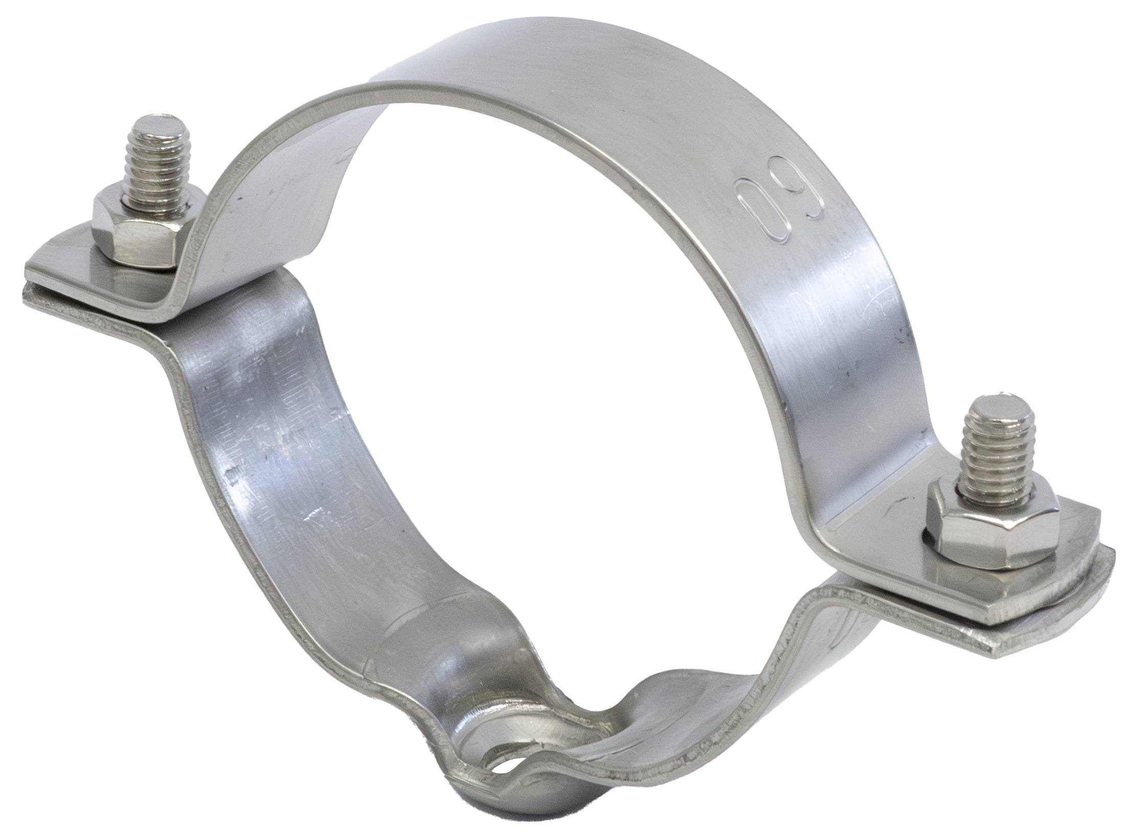 Eine Metallrohrschelle mit U-förmiger Konstruktion und zwei Bolzen, die zum Befestigen von Rohren oder Schläuchen verwendet wird.