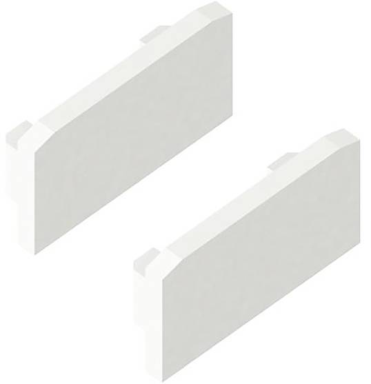 Zwei weiße rechteckige 3D-Blöcke sind diagonal positioniert, einer über dem anderen, was ein modulares oder konstruktives Konzept nahelegt.