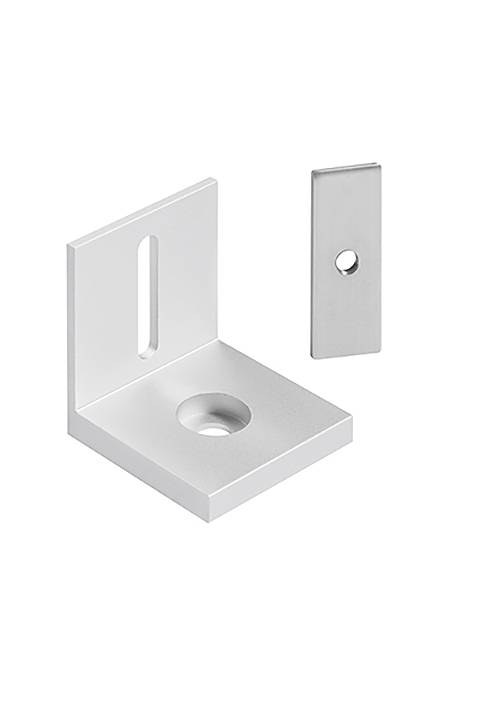 Zwei Metallhalterungen, eine L-förmige mit einem Schlitzloch und eine rechteckige mit einem runden Loch, die für Montage- oder Stützanwendungen verwendet werden.
