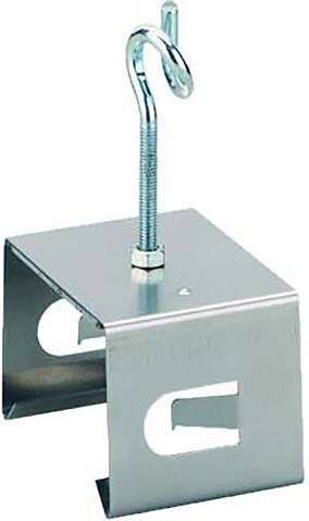 Eine Metalldeckenhakenbefestigung mit einem verstellbaren Bolzen und quadratischer Grundplatte, die zum sicheren Aufhängen von Gegenständen an Decken oder Balken konzipiert ist.