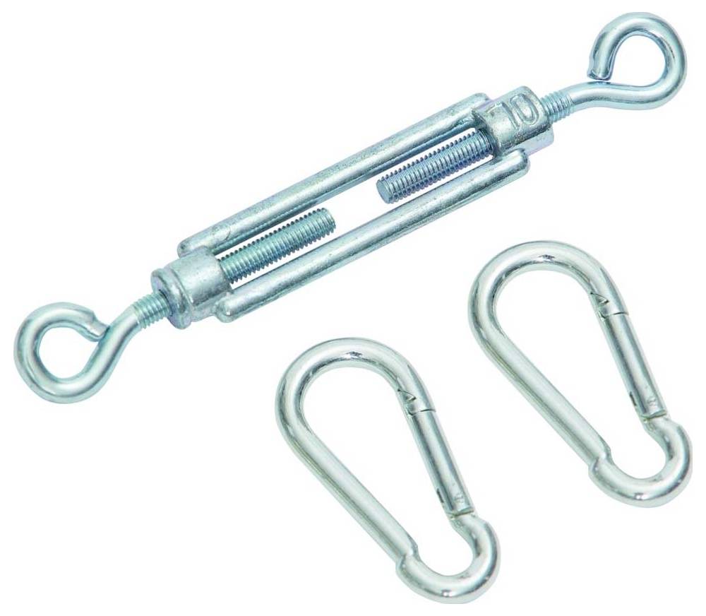Eine Metallspannschraube mit zwei Ösen an den Enden zusammen mit zwei Metallkarabinern, typischerweise zum Spannen oder Verbinden von Seilen und Kabeln verwendet.