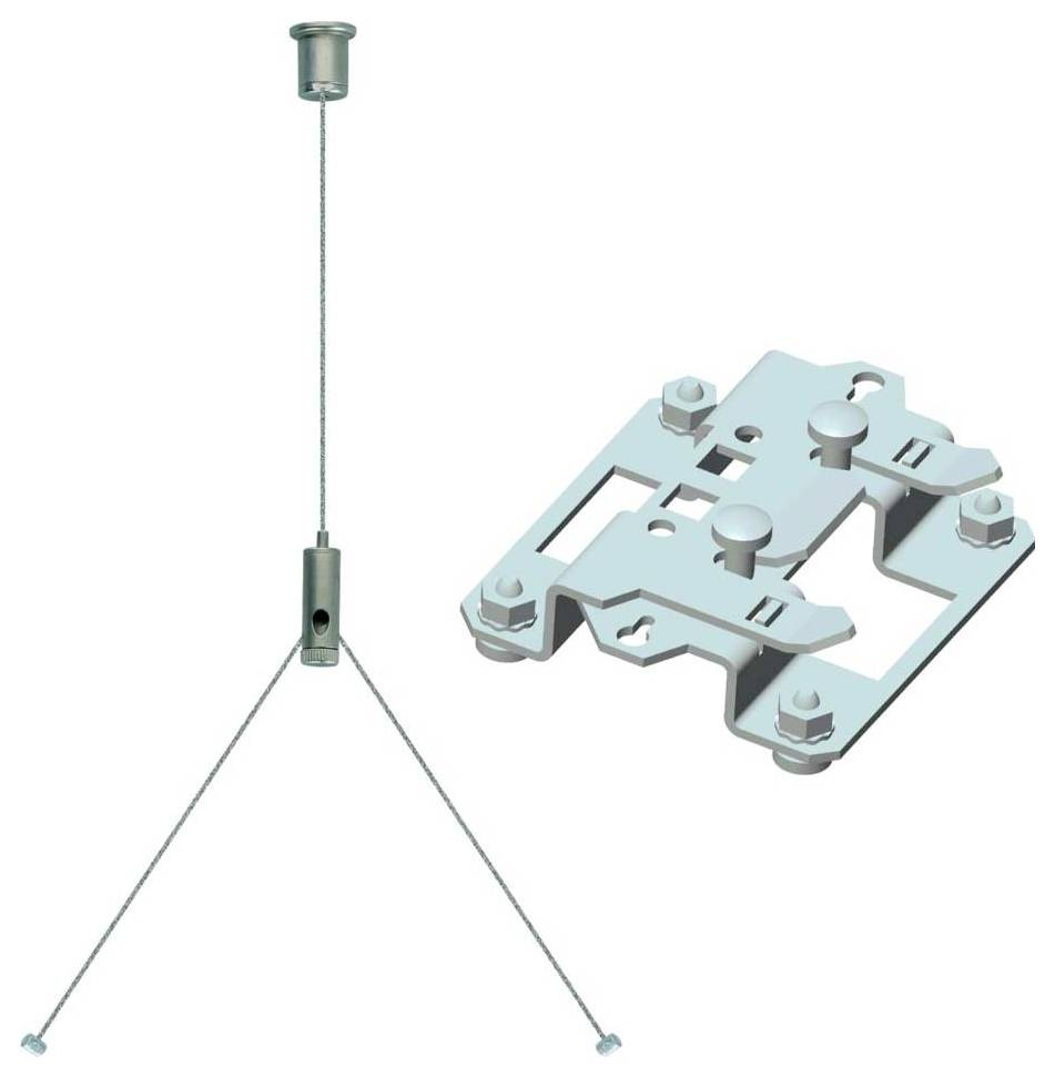 Ein Metallkabel-Aufhängungssystem mit einstellbaren Komponenten, das zum Befestigen und Positionieren von Deckenpaneelen oder Befestigungselementen konzipiert ist.