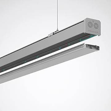 Eine hängende, graue Deckenleuchte mit schlankem, rechteckigem Design, zwei zylindrischen Glühbirnen und subtilen türkisen Akzenten.