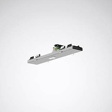 Eine an der Decke montierte LED-Leuchte mit schlankem, rechteckigem Design, ausgestattet mit minimalistischen schwarzen Endkappen und grünen Akzenten oben.