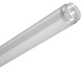 Ein Nahaufnahmebild einer Leuchtstoffröhre mit silbernen Endkappen, diagonal gegen einen einfachen weißen Hintergrund ausgerichtet.