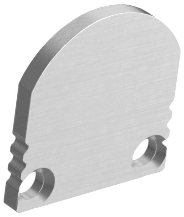 Eine Metallersatzklinge mit gewölbtem oberen Ende und zwei Löchern an der Unterseite zur Befestigung.