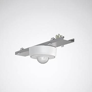 Ein weißer deckenmontierter Bewegungsmelder mit einer grauen Metallhalterung, entwickelt für automatisierte Beleuchtungs- oder Sicherheitssysteme.