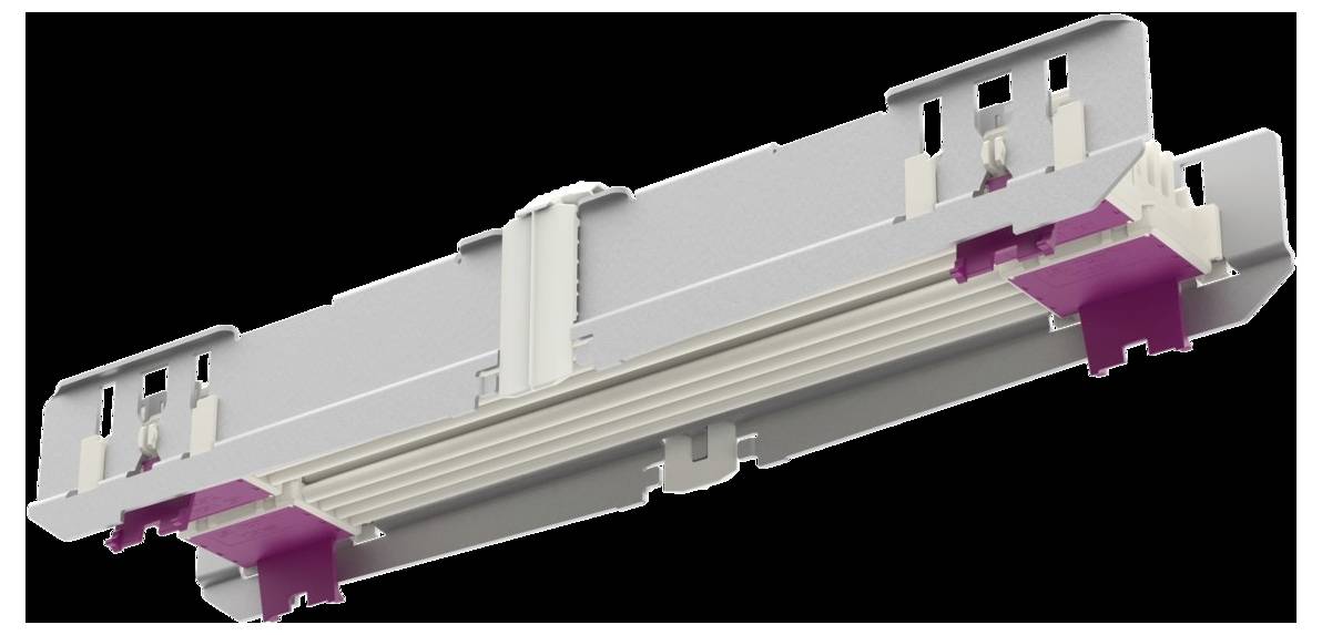 Eine silber- und purpurfarbene mechanische Komponente mit symmetrischen Anschlüssen. Das Gerät könnte Teil einer elektronischen oder industriellen Baugruppe sein.