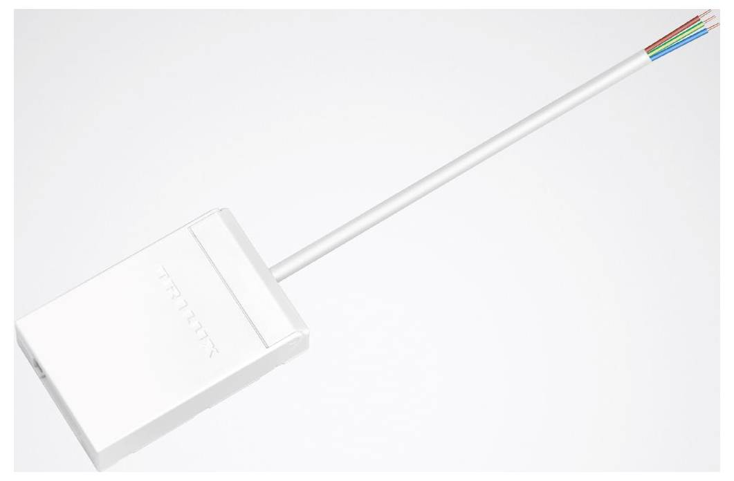 Ein weißes Gerät mit einem langen Kabel mit mehreren farbigen Drähten am Ende.