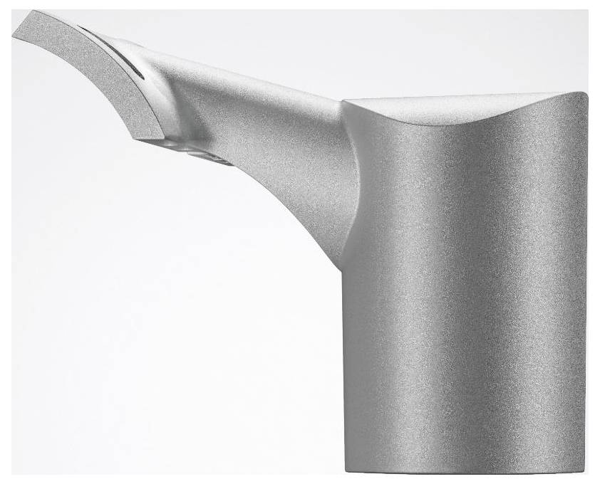 Ein eleganter, moderner Wasserhahn aus glänzendem Silbermetall mit minimalistische Design, positioniert vor einem einfachen Hintergrund.
