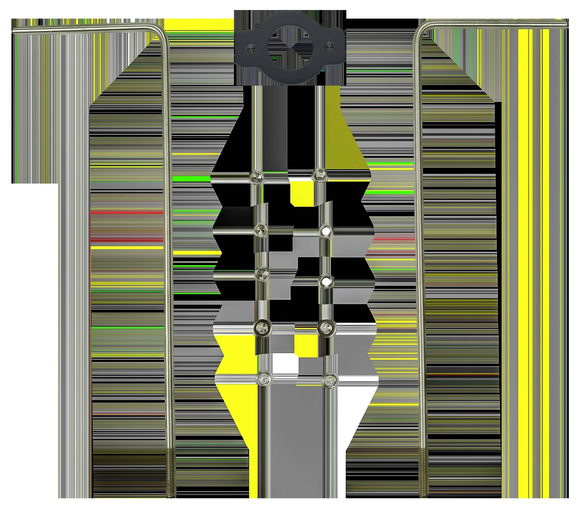 Eine metallische leiternähnliche Struktur mit zwei vertikalen Stangen, die durch horizontale Streben verbunden sind, vor einem farbig gestreiften Hintergrund.