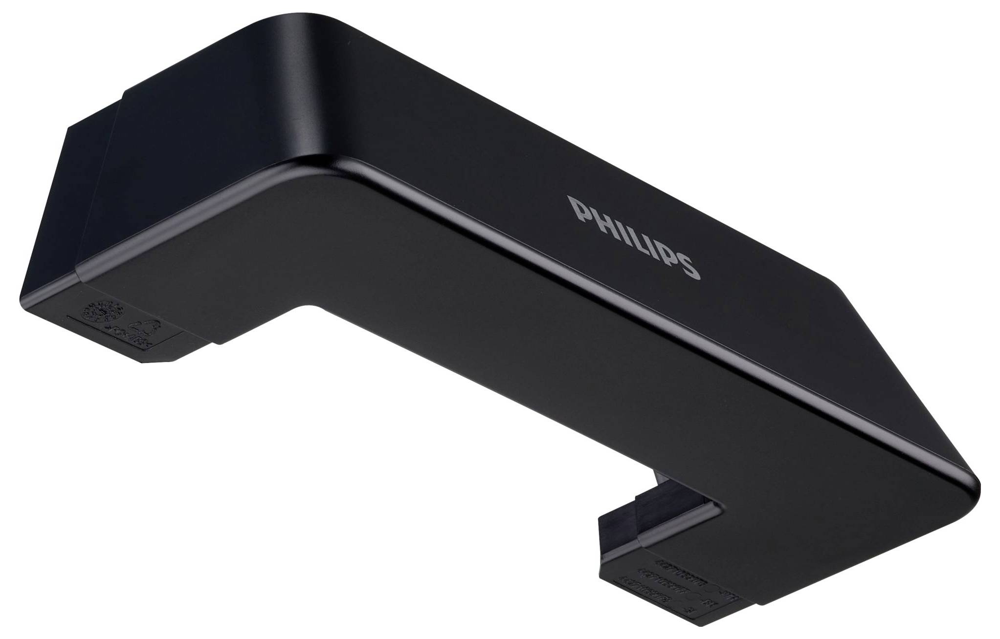 Ein schwarzes elektronisches Philips-Gerät mit einem eleganten, kantigen Design, möglicherweise eine Leuchte oder ein Zubehörteil, aus einer Seitenansicht betrachtet.