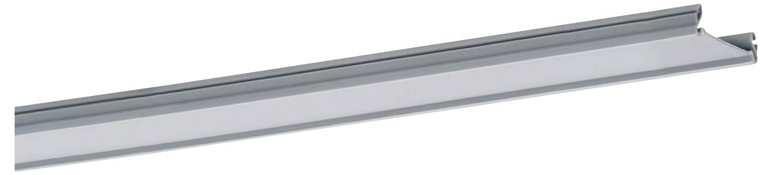 Eine silberfarbene lineare Metallextrusion mit einer gerillten Nut, wahrscheinlich als Komponente in Bau- oder Montageanwendungen verwendet.