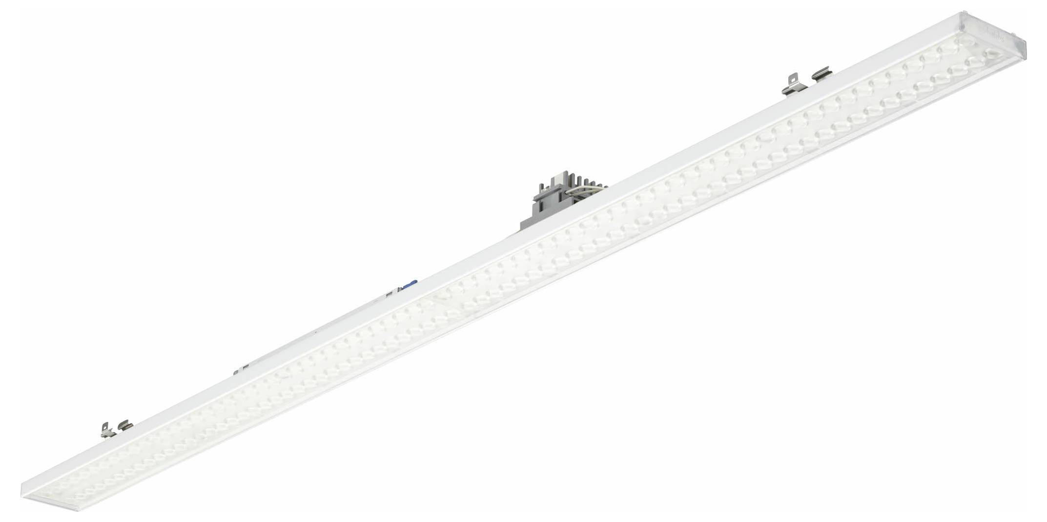 Eine lange LED-Leuchte mit einer Reihe heller weißer Lichter, die für industrielle oder kommerzielle Deckeninstallationen verwendet wird.